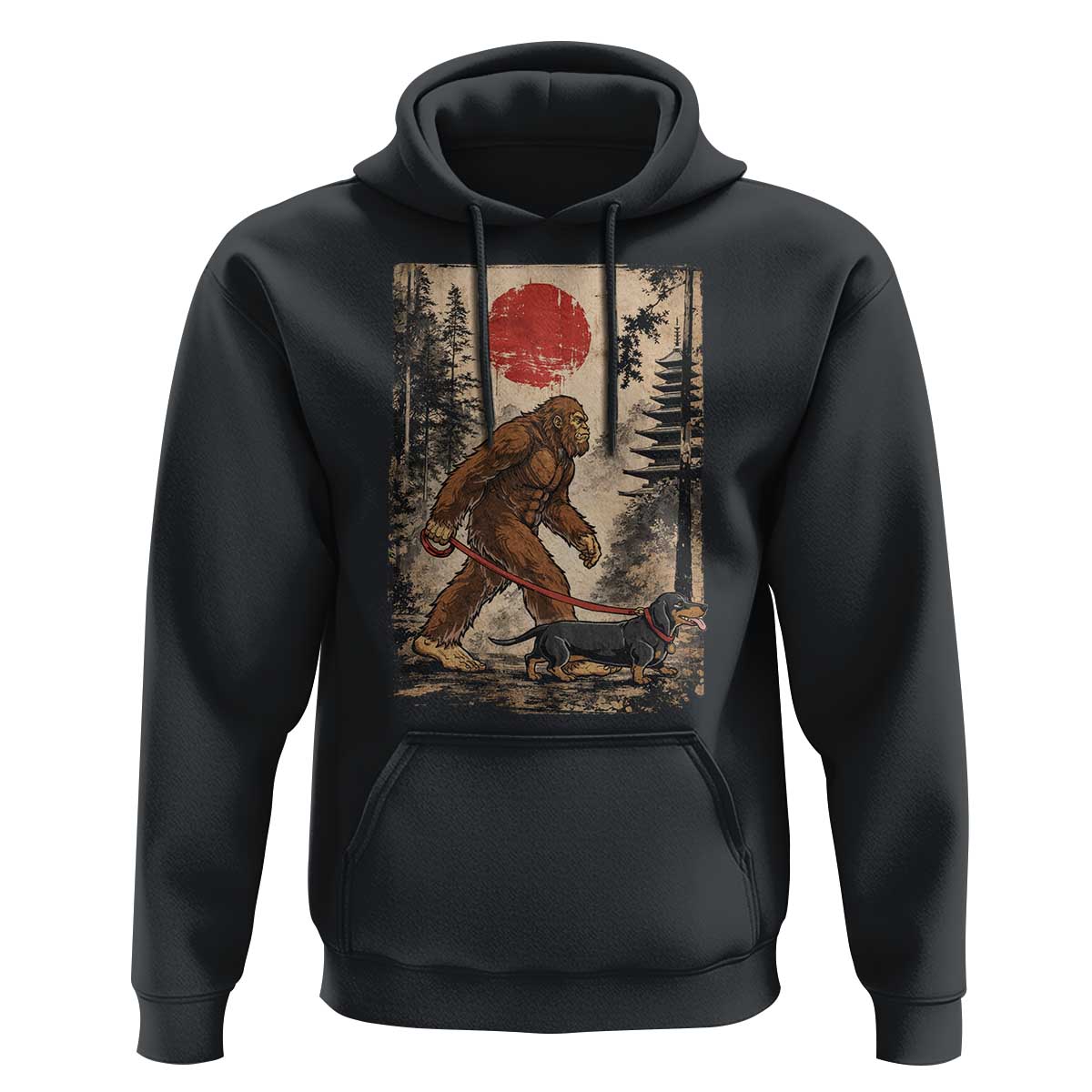 Bigfoot Dachshund Lovers Hoodie Japanese Vintage Graphic Ukiyo-e Art Sasquatch Wiener Dog Gift
