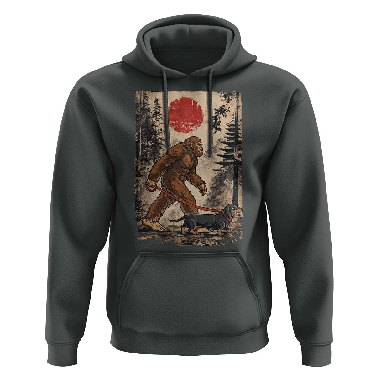 Bigfoot Dachshund Lovers Hoodie Japanese Vintage Graphic Ukiyo-e Art Sasquatch Wiener Dog Gift