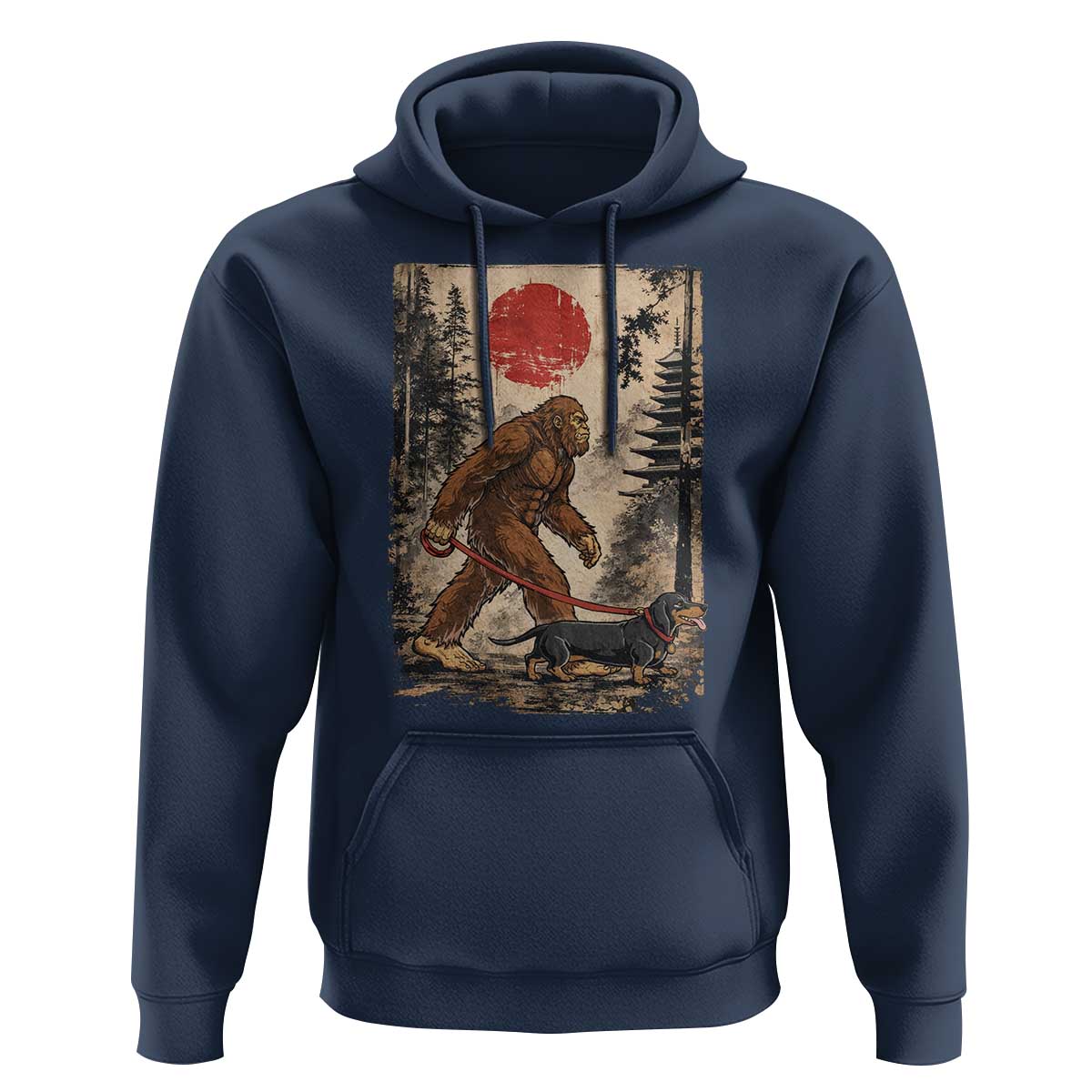 Bigfoot Dachshund Lovers Hoodie Japanese Vintage Graphic Ukiyo-e Art Sasquatch Wiener Dog Gift