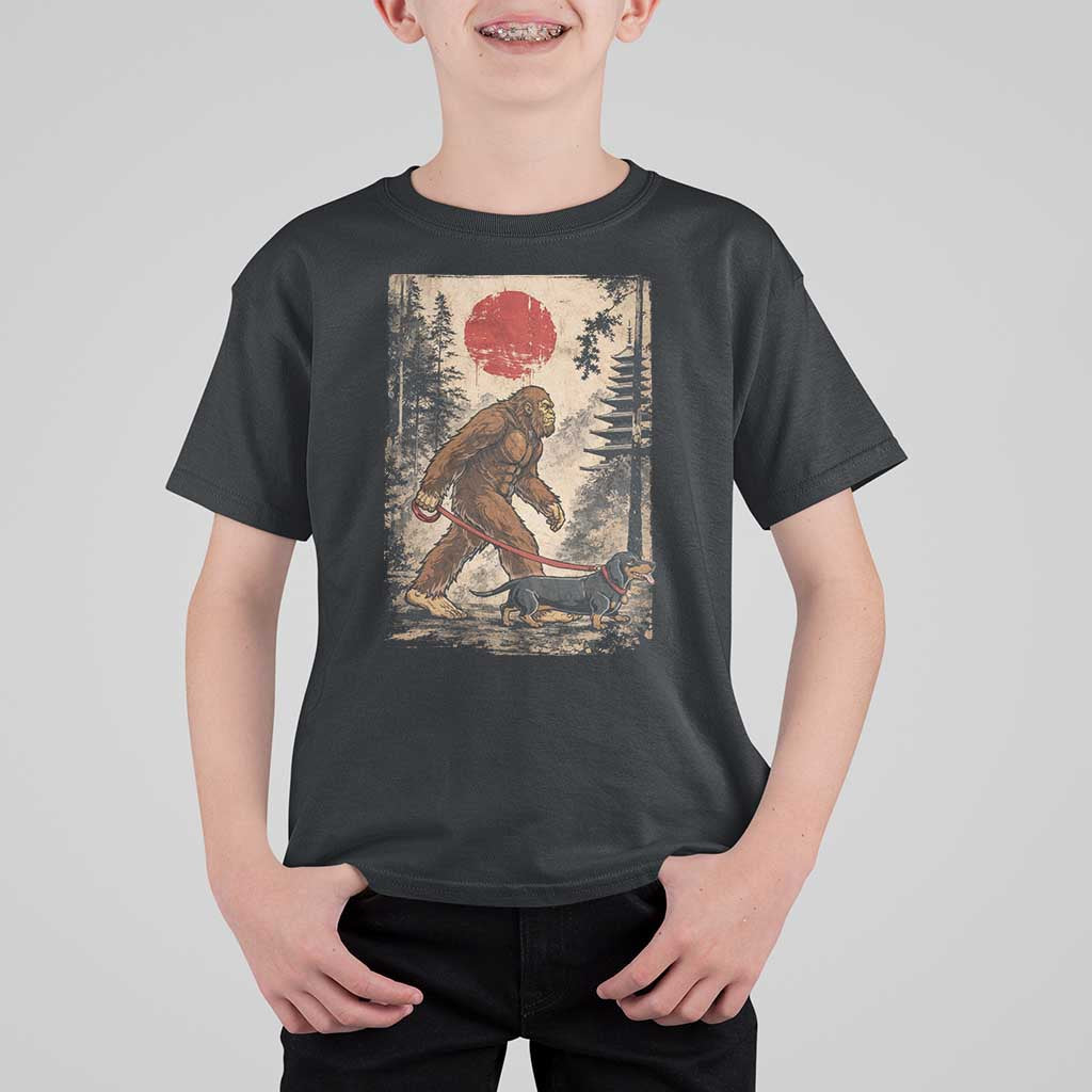 Bigfoot Dachshund Lovers T Shirt For Kid Japanese Vintage Graphic Ukiyo-e Art Sasquatch Wiener Dog Gift