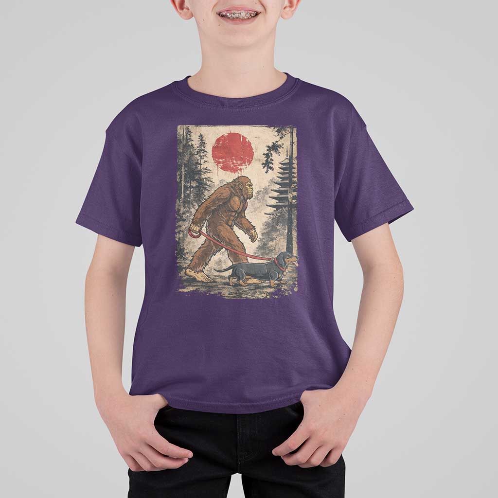 Bigfoot Dachshund Lovers T Shirt For Kid Japanese Vintage Graphic Ukiyo-e Art Sasquatch Wiener Dog Gift