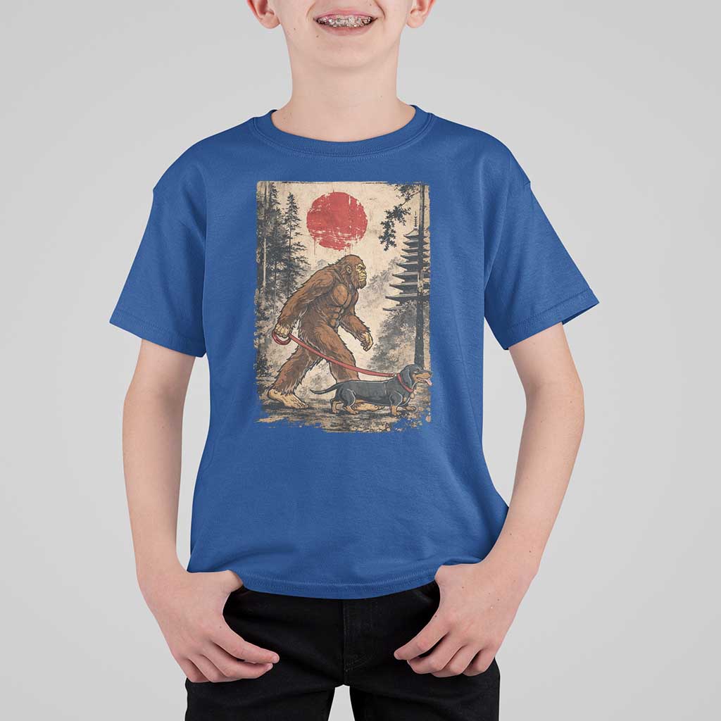 Bigfoot Dachshund Lovers T Shirt For Kid Japanese Vintage Graphic Ukiyo-e Art Sasquatch Wiener Dog Gift
