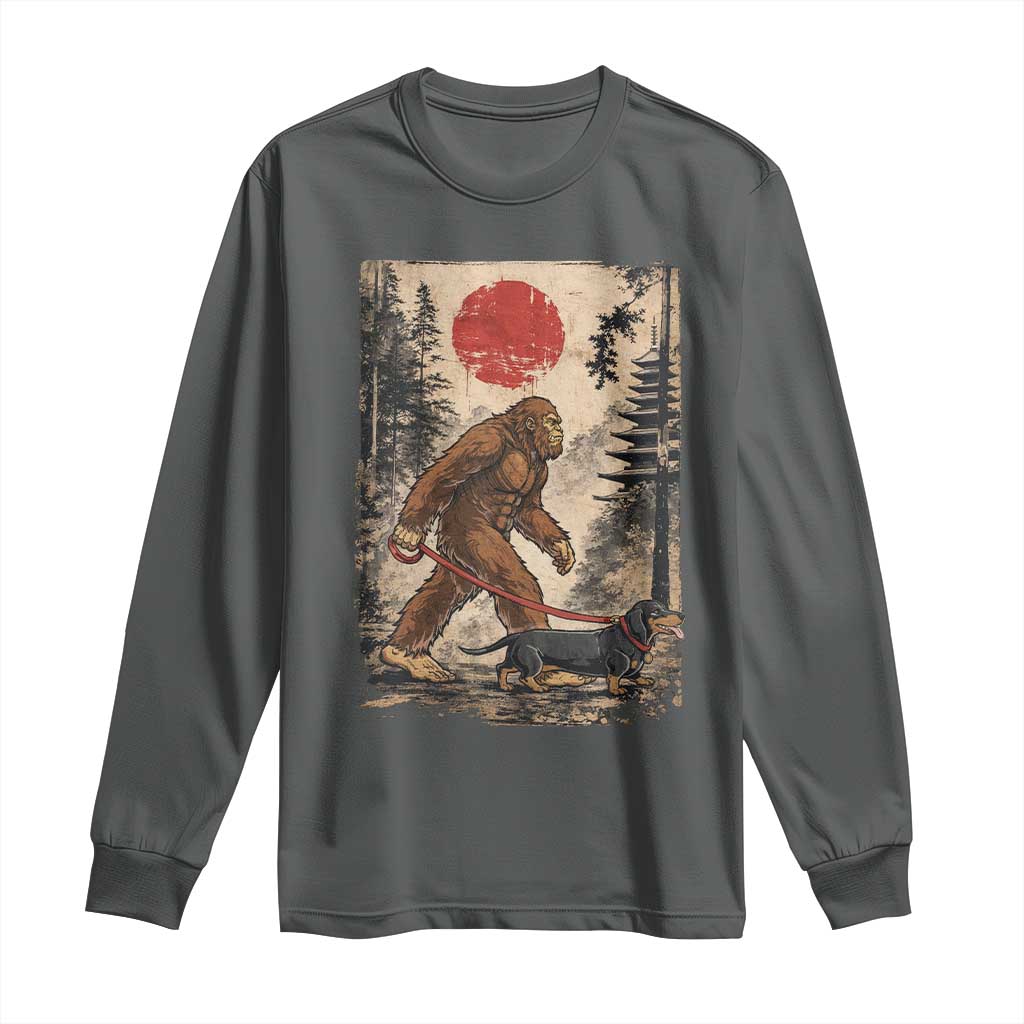 Bigfoot Dachshund Lovers Long Sleeve Shirt Japanese Vintage Graphic Ukiyo-e Art Sasquatch Wiener Dog Gift