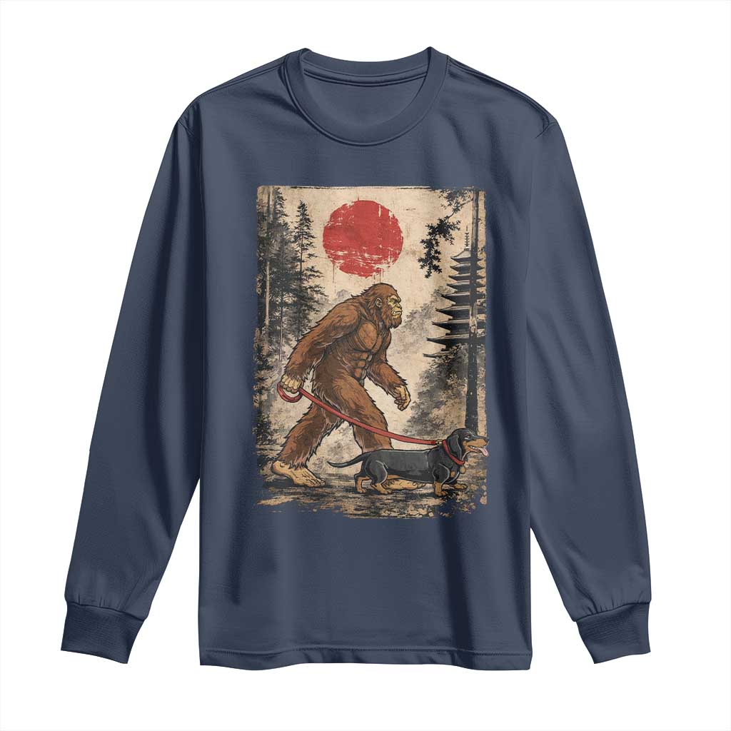 Bigfoot Dachshund Lovers Long Sleeve Shirt Japanese Vintage Graphic Ukiyo-e Art Sasquatch Wiener Dog Gift