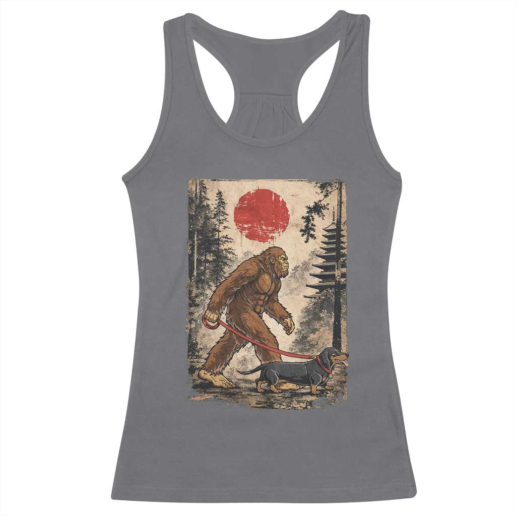 Bigfoot Dachshund Lovers Racerback Tank Top Japanese Vintage Graphic Ukiyo-e Art Sasquatch Wiener Dog Gift