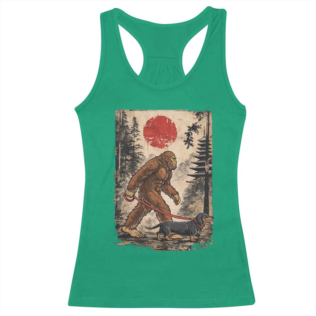 Bigfoot Dachshund Lovers Racerback Tank Top Japanese Vintage Graphic Ukiyo-e Art Sasquatch Wiener Dog Gift