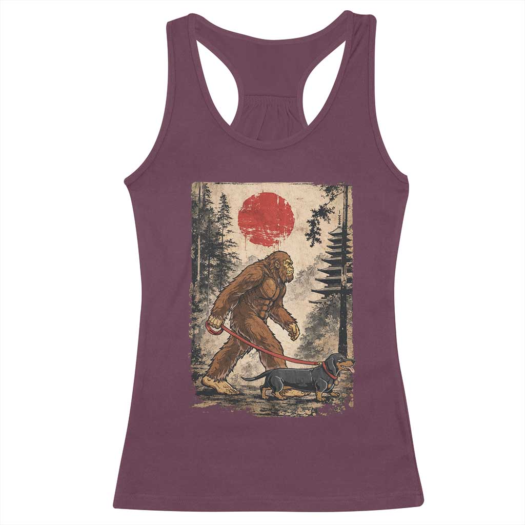 Bigfoot Dachshund Lovers Racerback Tank Top Japanese Vintage Graphic Ukiyo-e Art Sasquatch Wiener Dog Gift