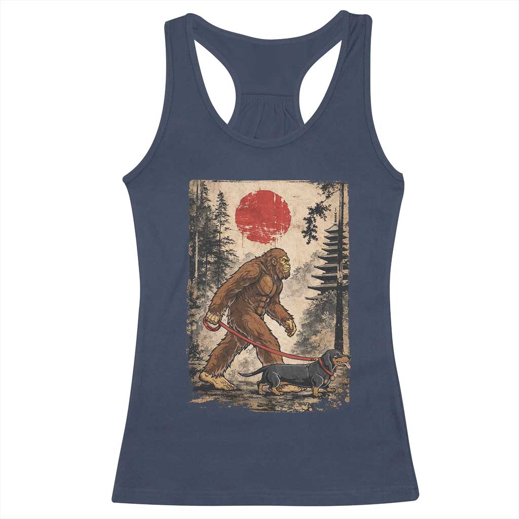 Bigfoot Dachshund Lovers Racerback Tank Top Japanese Vintage Graphic Ukiyo-e Art Sasquatch Wiener Dog Gift