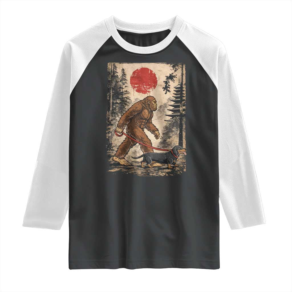 Bigfoot Dachshund Lovers Raglan Shirt Japanese Vintage Graphic Ukiyo-e Art Sasquatch Wiener Dog Gift