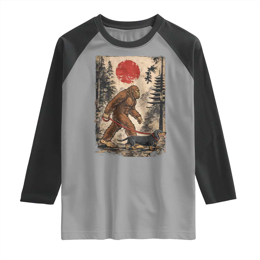 Bigfoot Dachshund Lovers Raglan Shirt Japanese Vintage Graphic Ukiyo-e Art Sasquatch Wiener Dog Gift