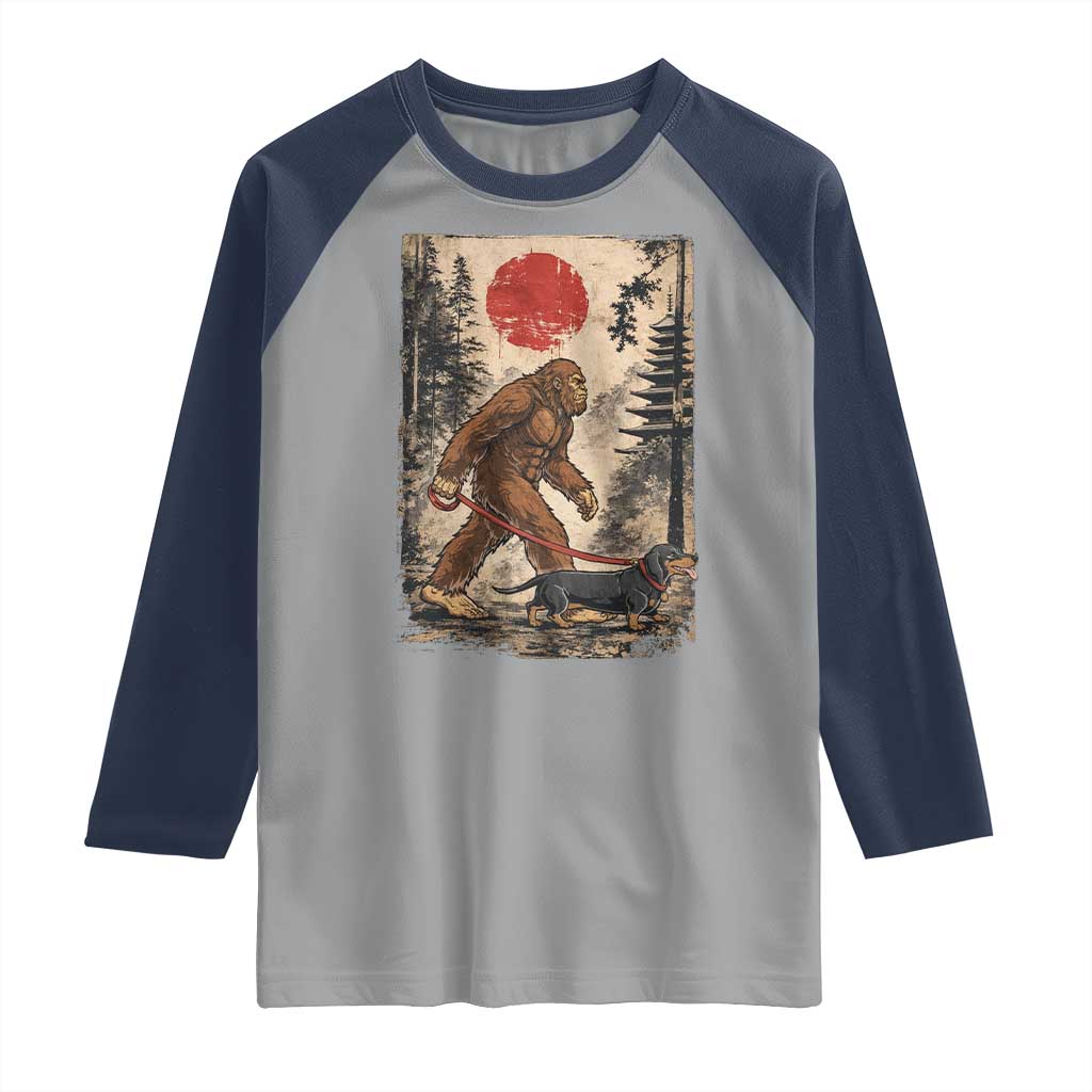 Bigfoot Dachshund Lovers Raglan Shirt Japanese Vintage Graphic Ukiyo-e Art Sasquatch Wiener Dog Gift