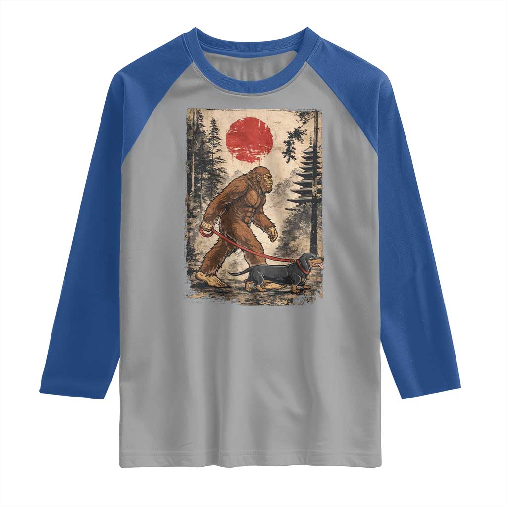 Bigfoot Dachshund Lovers Raglan Shirt Japanese Vintage Graphic Ukiyo-e Art Sasquatch Wiener Dog Gift