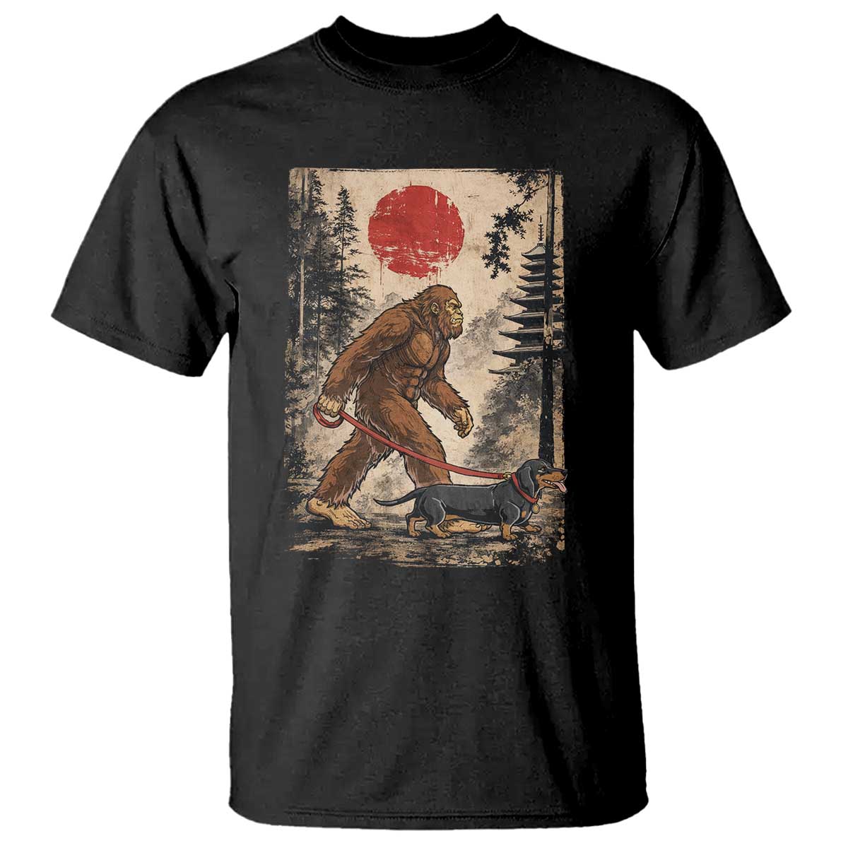 Bigfoot Dachshund Lovers T Shirt Japanese Vintage Graphic Ukiyo-e Art Sasquatch Wiener Dog Gift