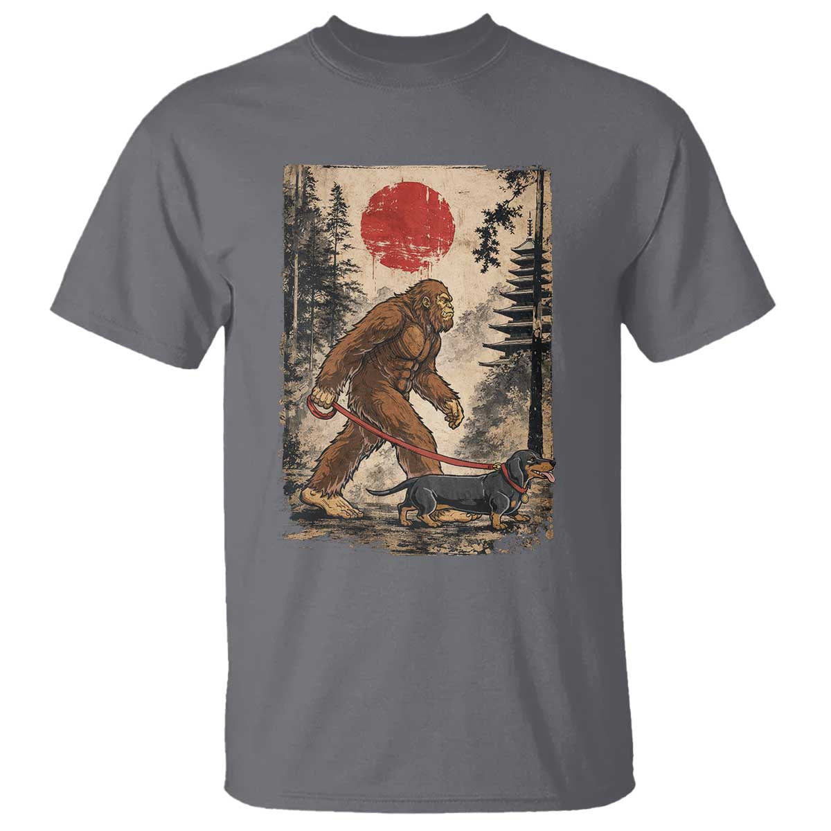 Bigfoot Dachshund Lovers T Shirt Japanese Vintage Graphic Ukiyo-e Art Sasquatch Wiener Dog Gift