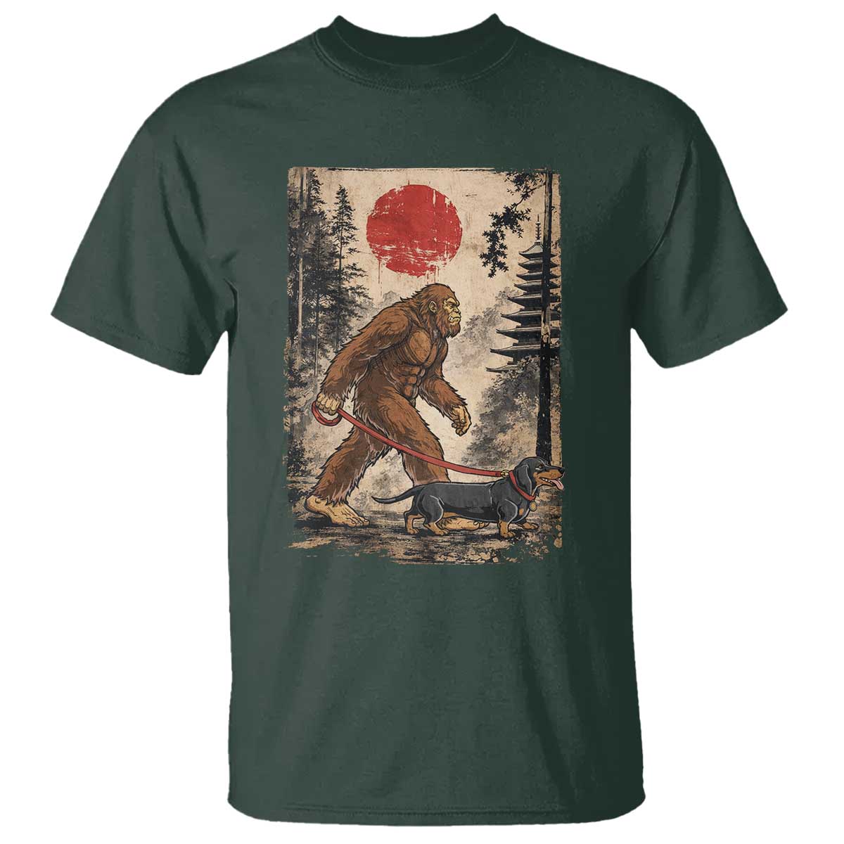Bigfoot Dachshund Lovers T Shirt Japanese Vintage Graphic Ukiyo-e Art Sasquatch Wiener Dog Gift