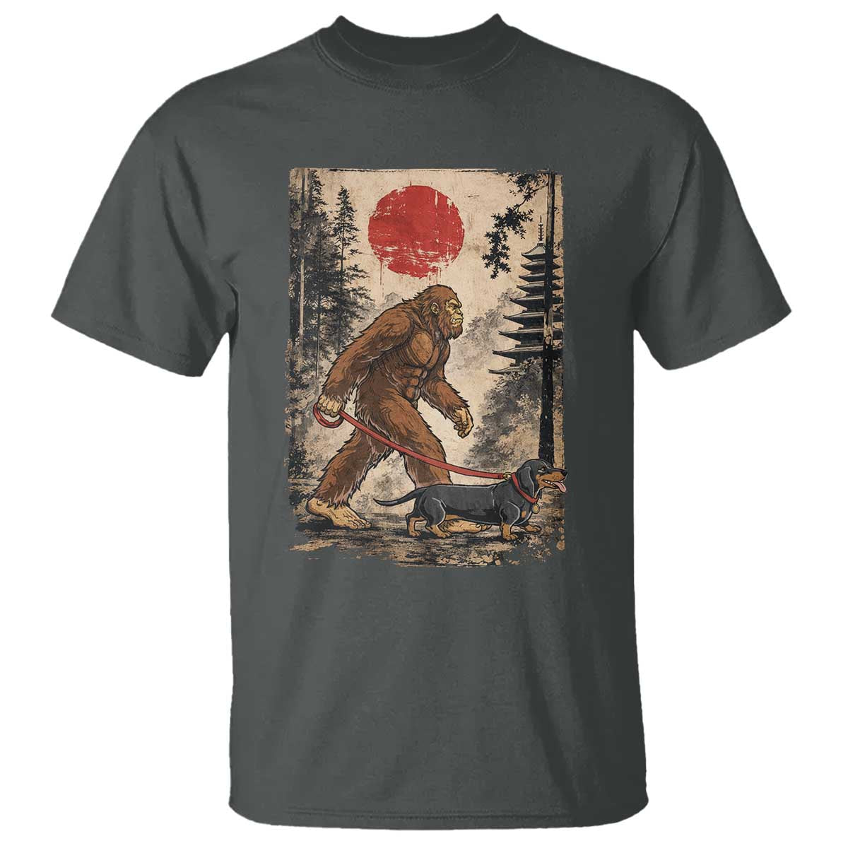 Bigfoot Dachshund Lovers T Shirt Japanese Vintage Graphic Ukiyo-e Art Sasquatch Wiener Dog Gift