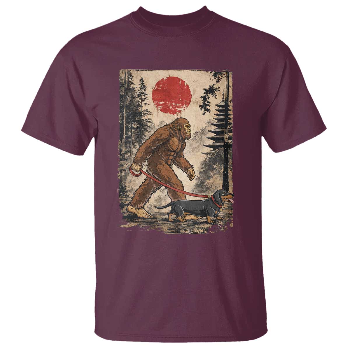 Bigfoot Dachshund Lovers T Shirt Japanese Vintage Graphic Ukiyo-e Art Sasquatch Wiener Dog Gift