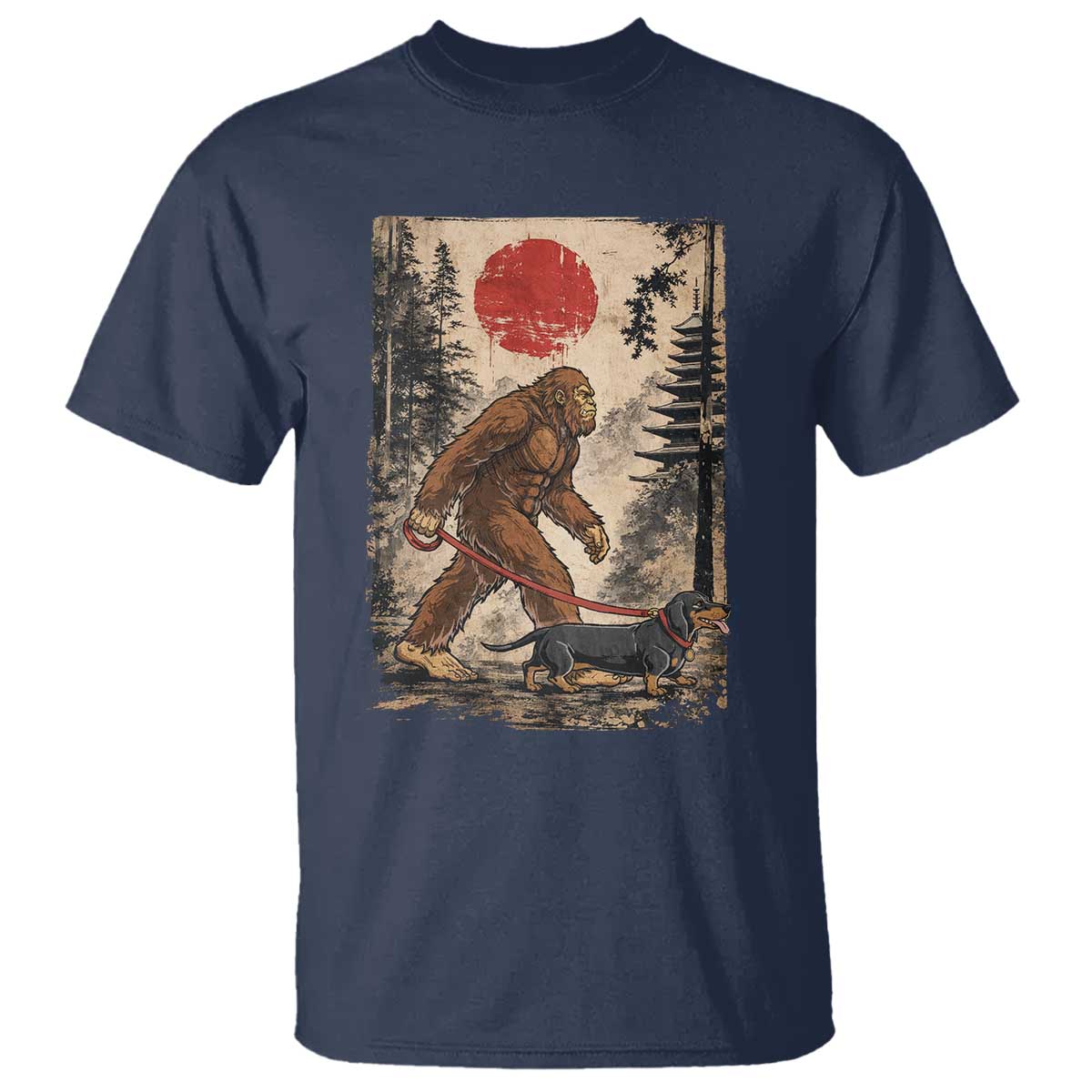 Bigfoot Dachshund Lovers T Shirt Japanese Vintage Graphic Ukiyo-e Art Sasquatch Wiener Dog Gift