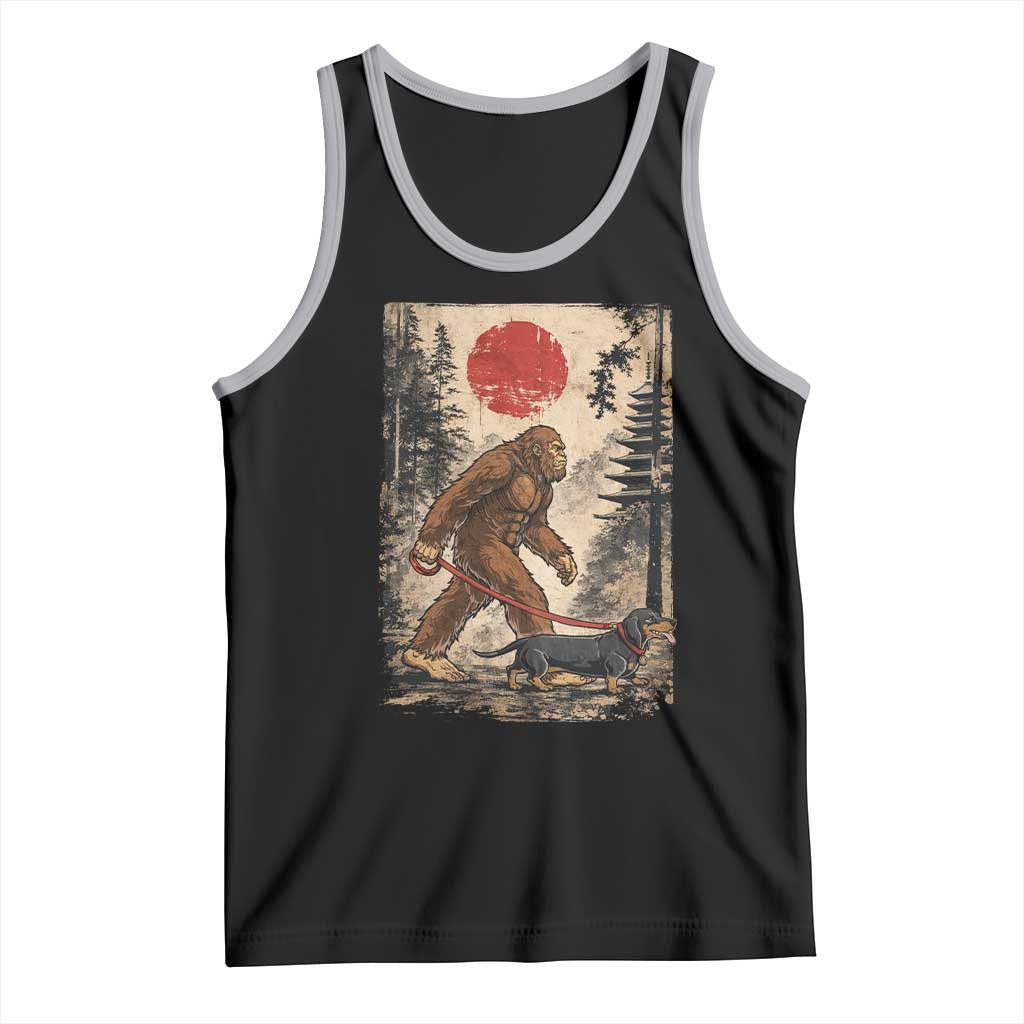 Bigfoot Dachshund Lovers Tank Top Japanese Vintage Graphic Ukiyo-e Art Sasquatch Wiener Dog Gift