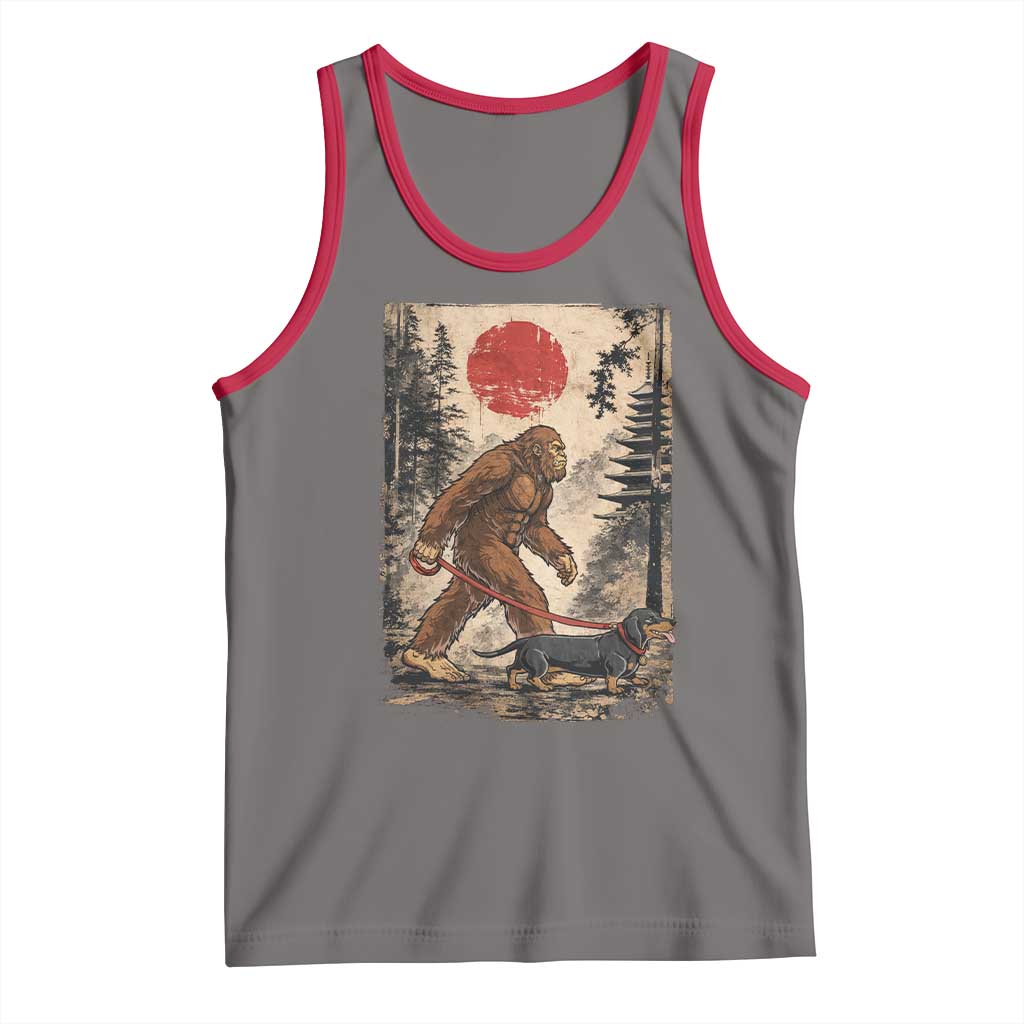 Bigfoot Dachshund Lovers Tank Top Japanese Vintage Graphic Ukiyo-e Art Sasquatch Wiener Dog Gift