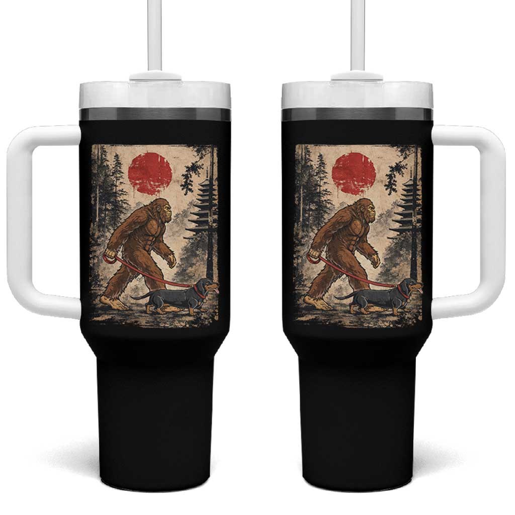 Bigfoot Dachshund Lovers Tumbler With Handle Japanese Vintage Graphic Ukiyo-e Art Sasquatch Wiener Dog Gift