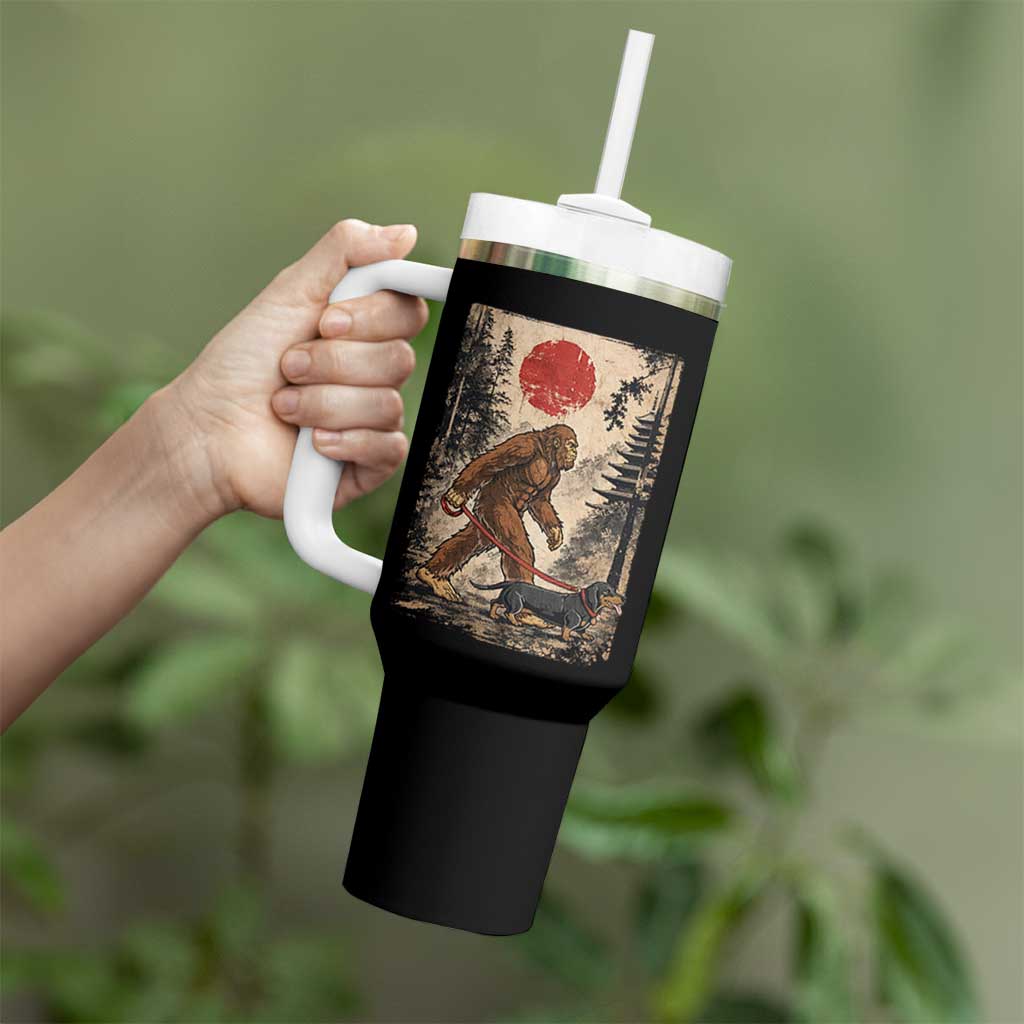 Bigfoot Dachshund Lovers Tumbler With Handle Japanese Vintage Graphic Ukiyo-e Art Sasquatch Wiener Dog Gift
