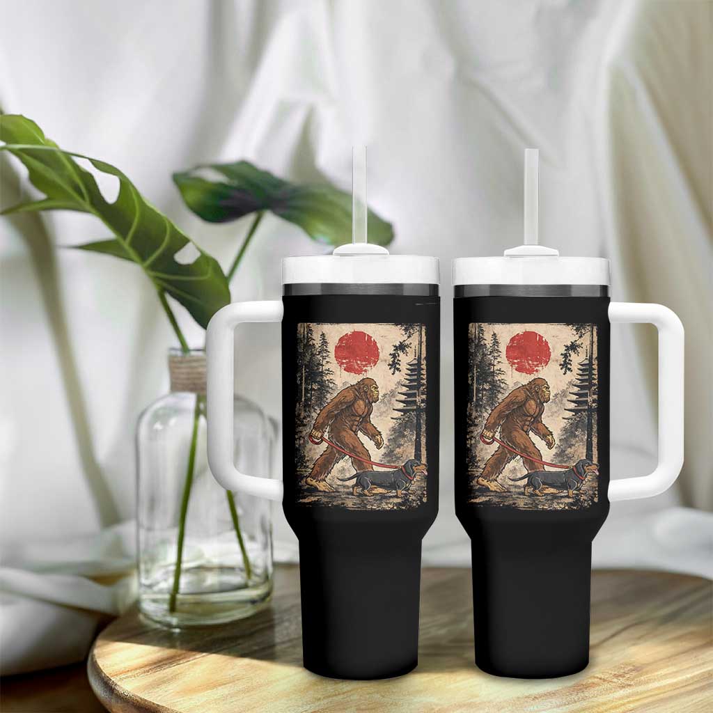 Bigfoot Dachshund Lovers Tumbler With Handle Japanese Vintage Graphic Ukiyo-e Art Sasquatch Wiener Dog Gift