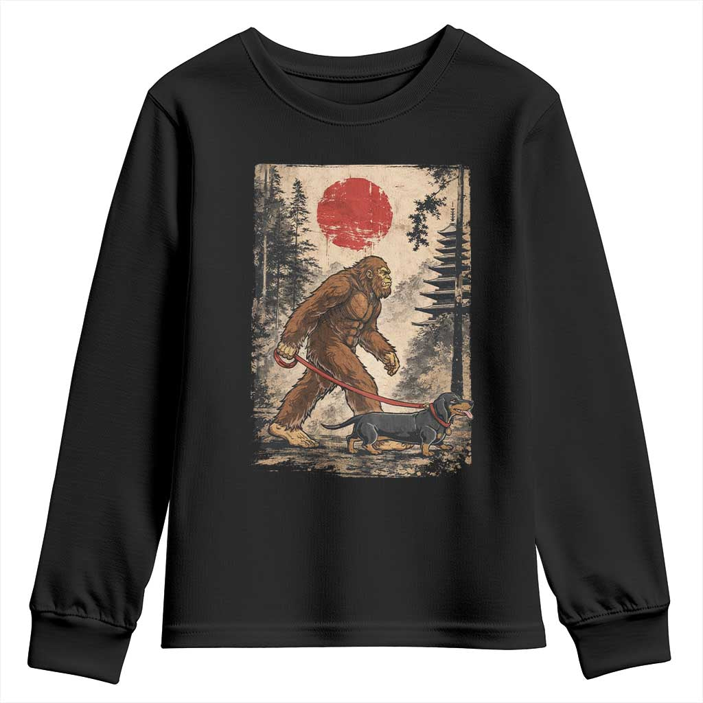 Bigfoot Dachshund Lovers Youth Sweatshirt Japanese Vintage Graphic Ukiyo-e Art Sasquatch Wiener Dog Gift