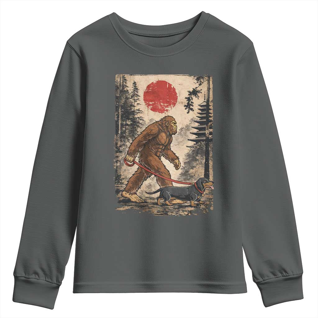 Bigfoot Dachshund Lovers Youth Sweatshirt Japanese Vintage Graphic Ukiyo-e Art Sasquatch Wiener Dog Gift