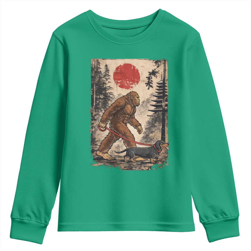 Bigfoot Dachshund Lovers Youth Sweatshirt Japanese Vintage Graphic Ukiyo-e Art Sasquatch Wiener Dog Gift
