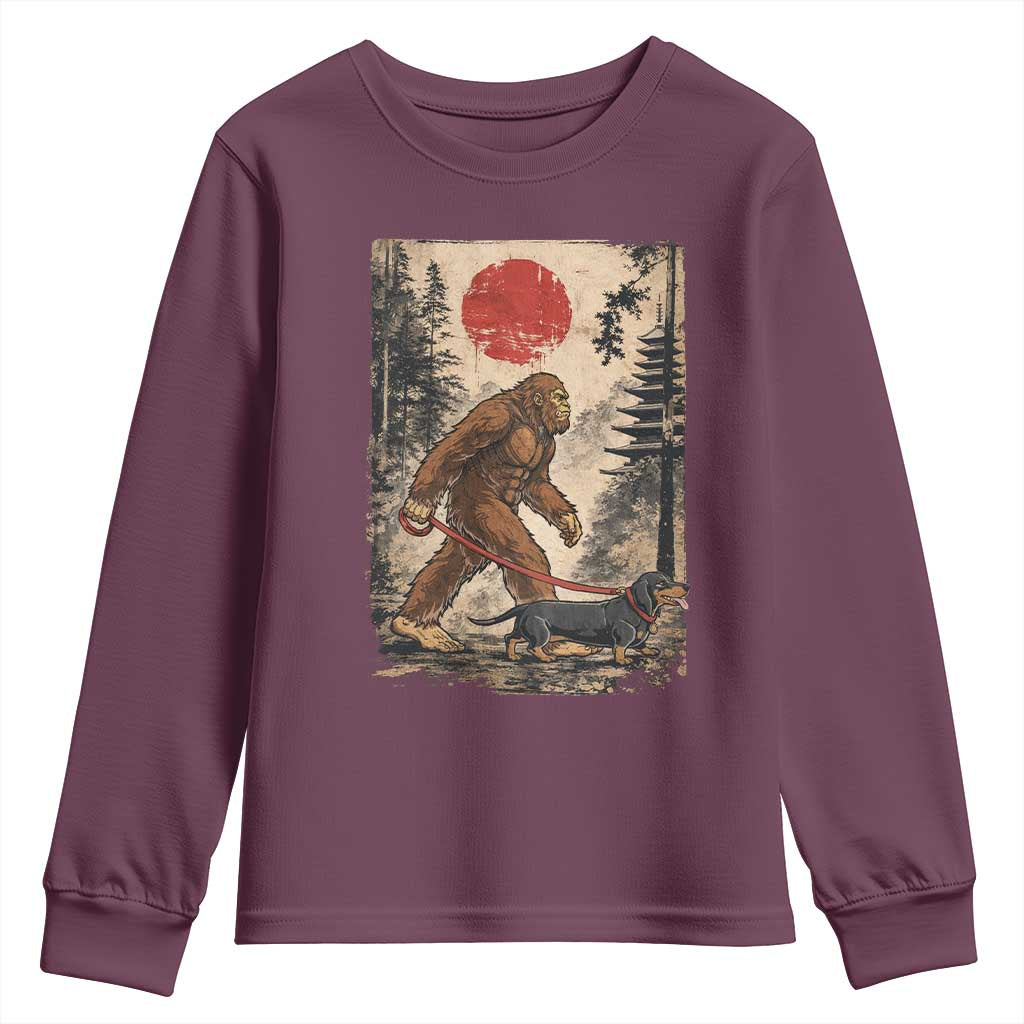 Bigfoot Dachshund Lovers Youth Sweatshirt Japanese Vintage Graphic Ukiyo-e Art Sasquatch Wiener Dog Gift