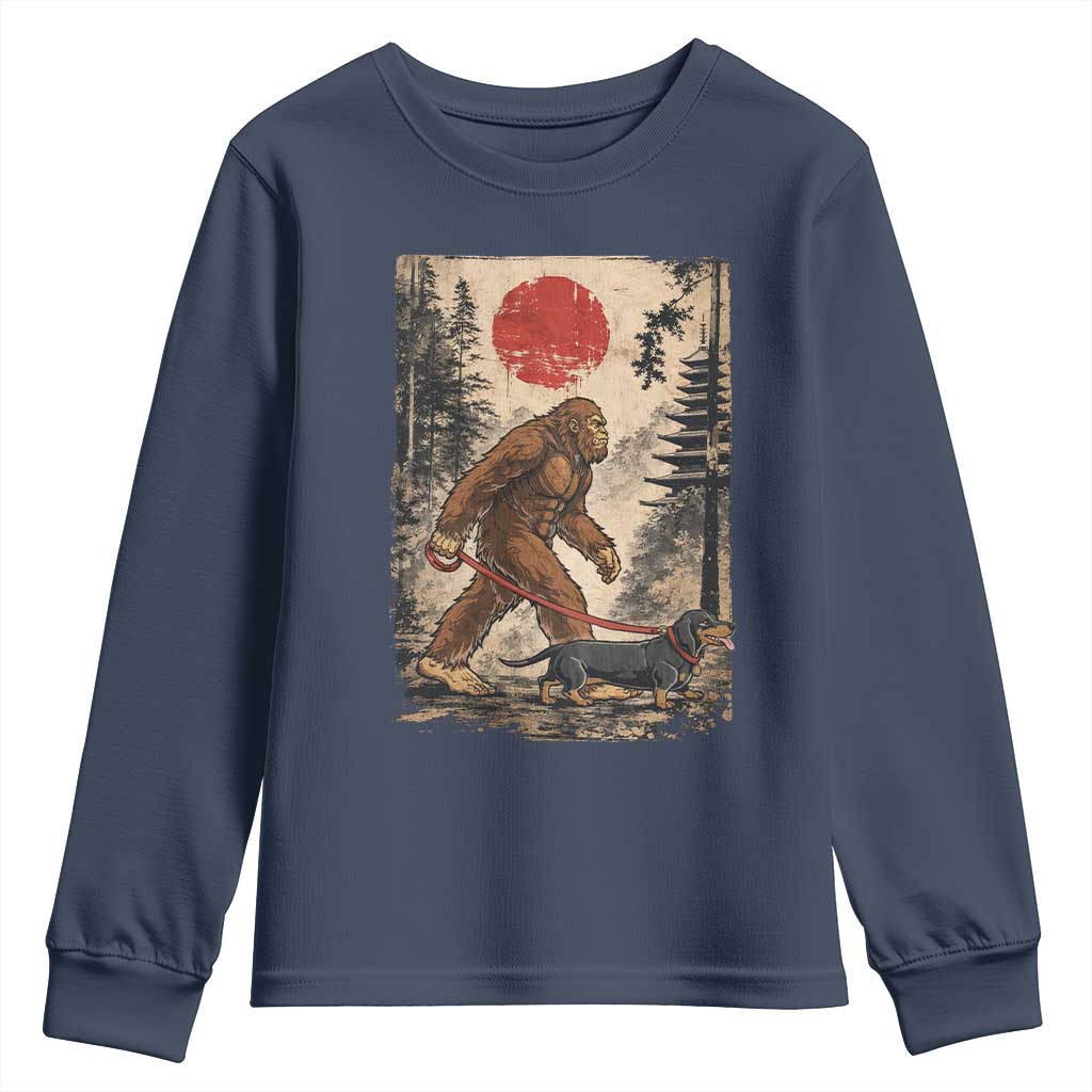 Bigfoot Dachshund Lovers Youth Sweatshirt Japanese Vintage Graphic Ukiyo-e Art Sasquatch Wiener Dog Gift