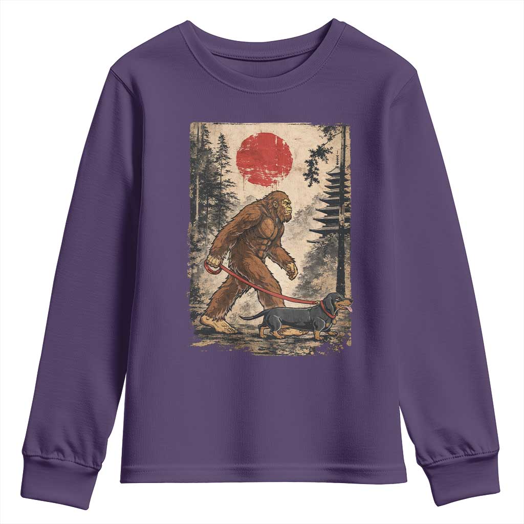 Bigfoot Dachshund Lovers Youth Sweatshirt Japanese Vintage Graphic Ukiyo-e Art Sasquatch Wiener Dog Gift