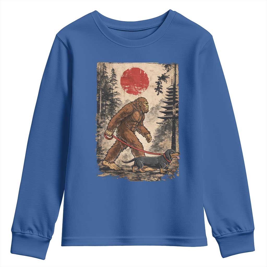 Bigfoot Dachshund Lovers Youth Sweatshirt Japanese Vintage Graphic Ukiyo-e Art Sasquatch Wiener Dog Gift