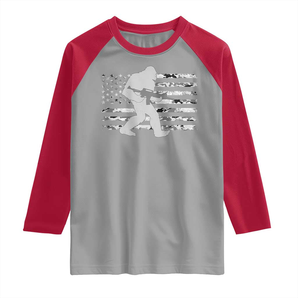 Bigfoot Gun Owner Raglan Shirt Camo US American Flag Sasquatch Rifle - Wonder Print Shop