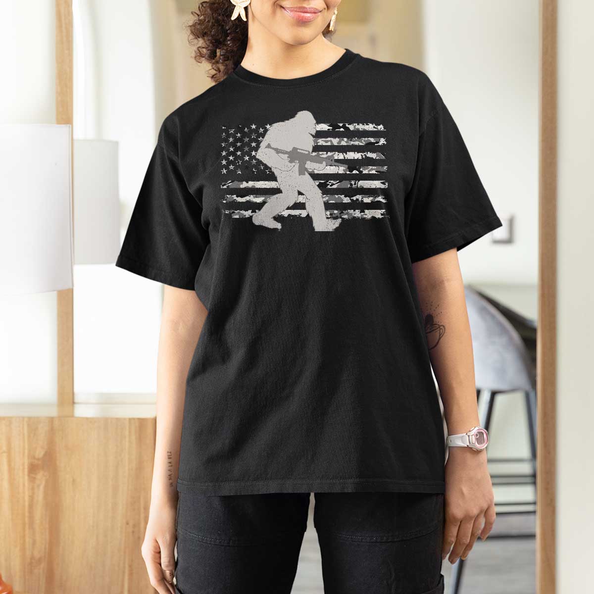 Bigfoot Gun Owner T Shirt For Women Camo US American Flag Sasquatch Rifle - Wonder Print Shop