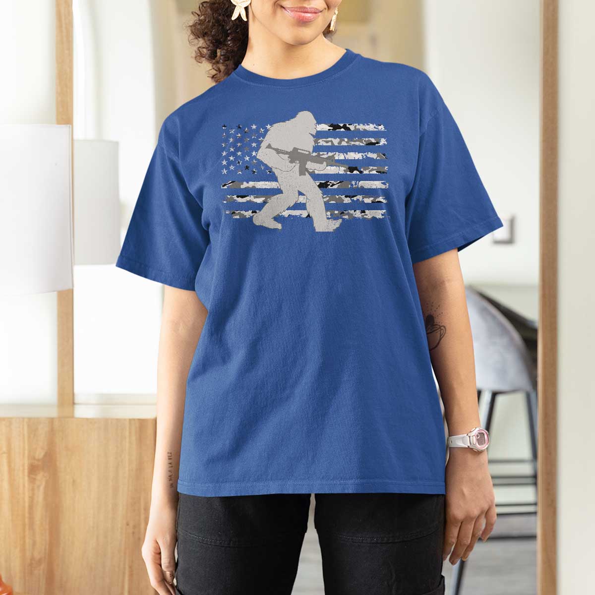 Bigfoot Gun Owner T Shirt For Women Camo US American Flag Sasquatch Rifle - Wonder Print Shop