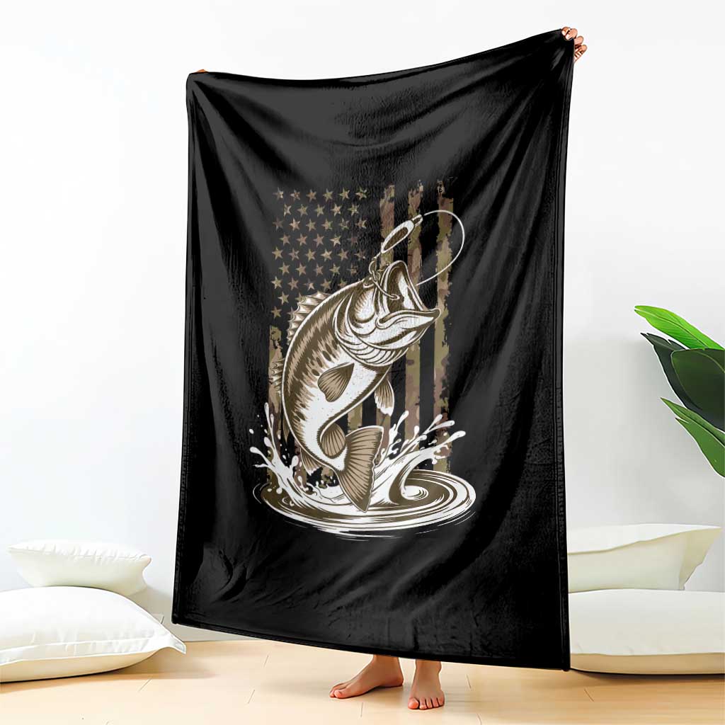 Fishing Camo Throw Blanket Bass Fish American Flag Boy Men Fisherman Gift