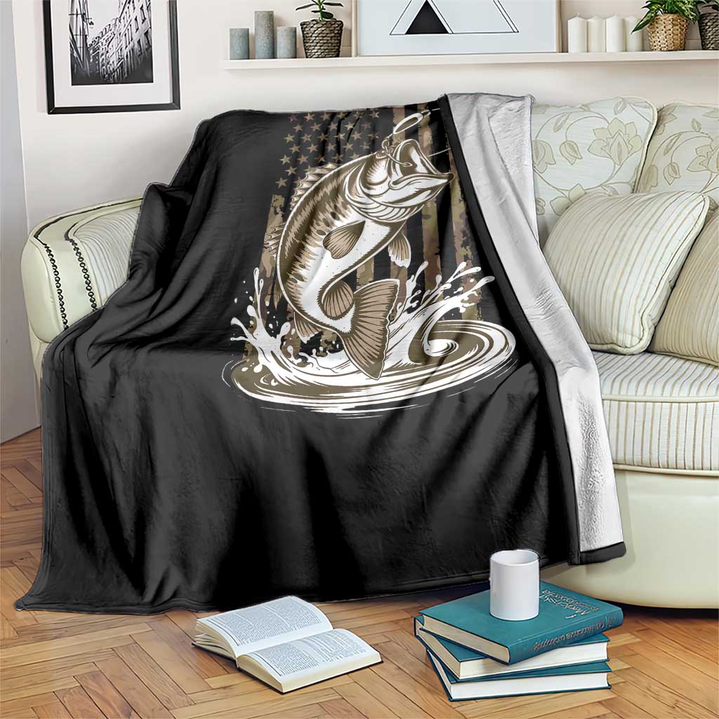 Fishing Camo Throw Blanket Bass Fish American Flag Boy Men Fisherman Gift
