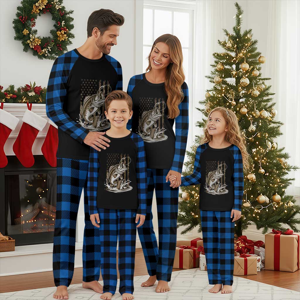Fishing Camo Plaid Pajama Set Bass Fish American Flag Boy Men Fisherman Gift