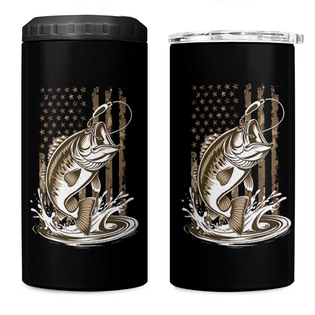 Fishing Camo 4 in 1 Can Cooler Tumbler Bass Fish American Flag Boy Men Fisherman Gift