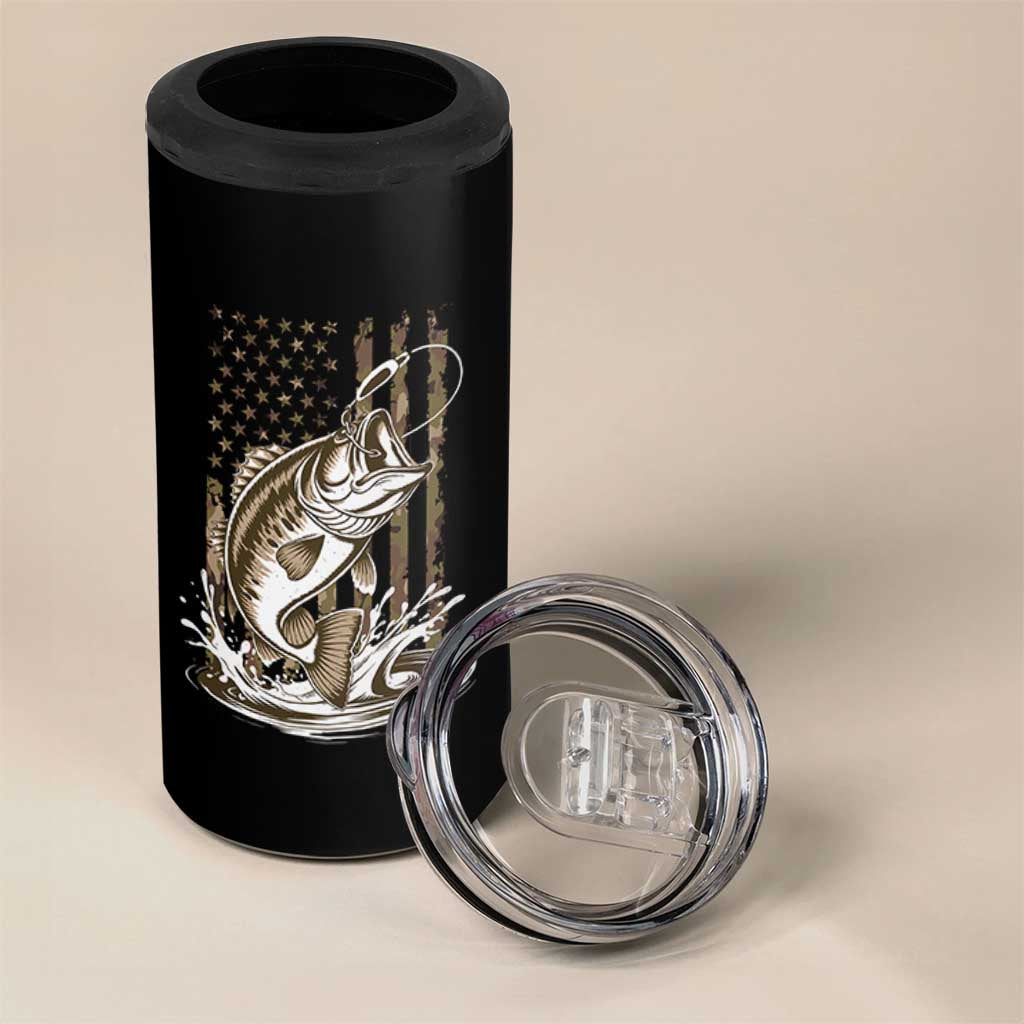 Fishing Camo 4 in 1 Can Cooler Tumbler Bass Fish American Flag Boy Men Fisherman Gift