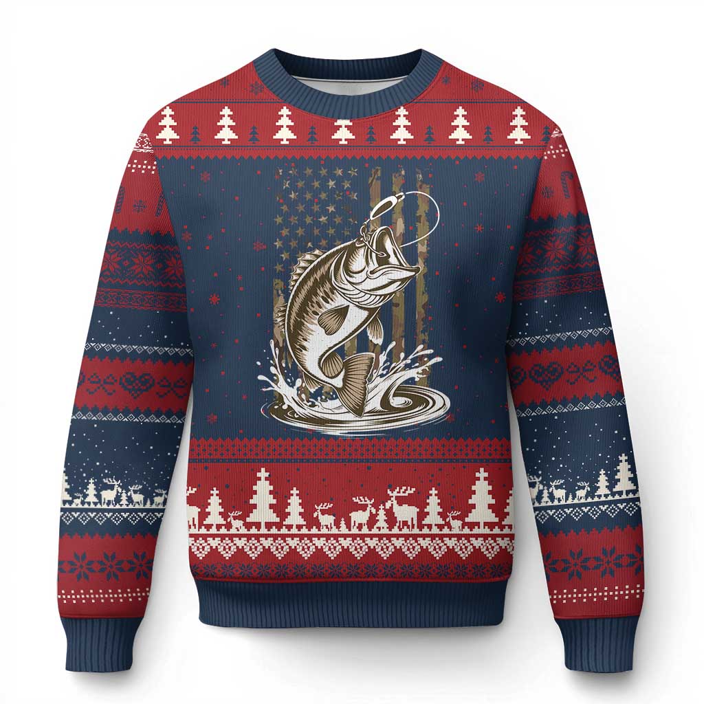 Fishing Camo Ugly Christmas Sweater Bass Fish American Flag Boy Men Fisherman Gift