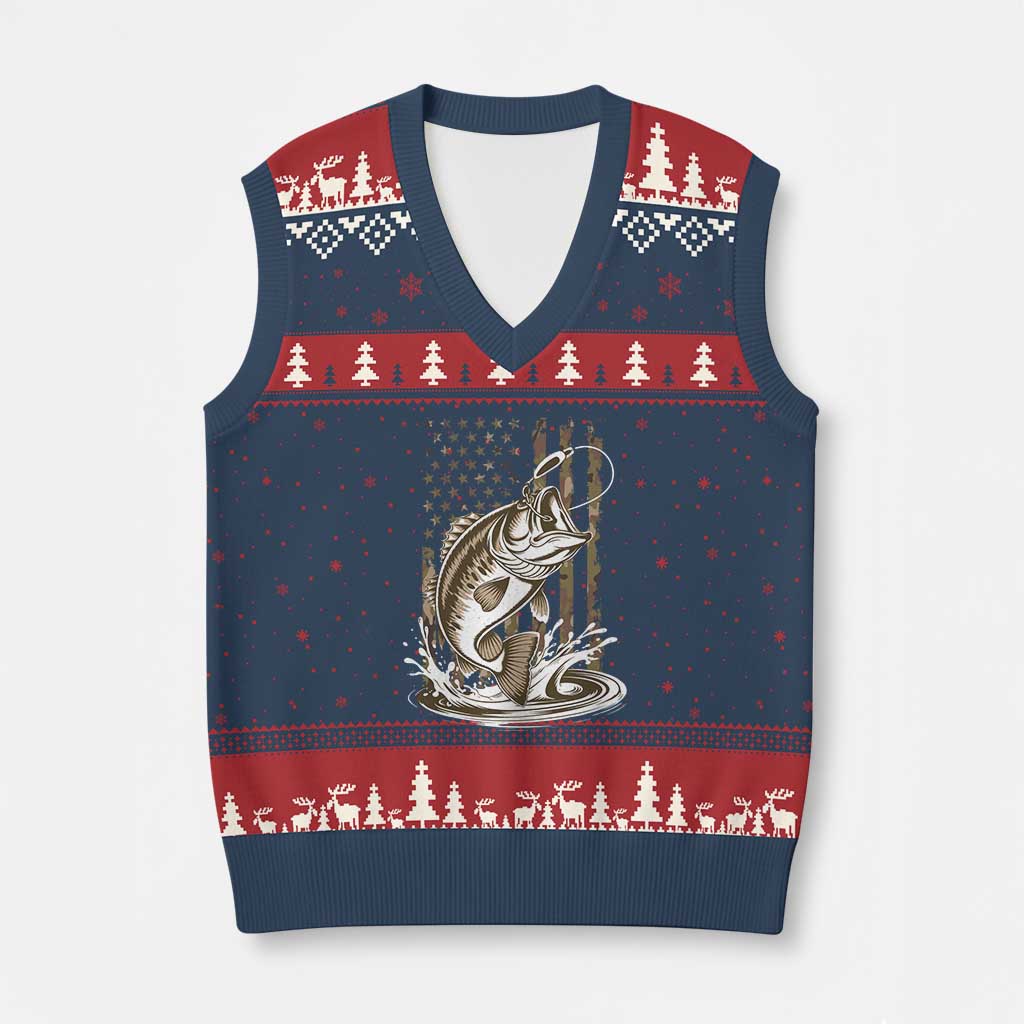 Fishing Camo V-Neck Knit Sweater Vest Bass Fish American Flag Boy Men Fisherman Gift