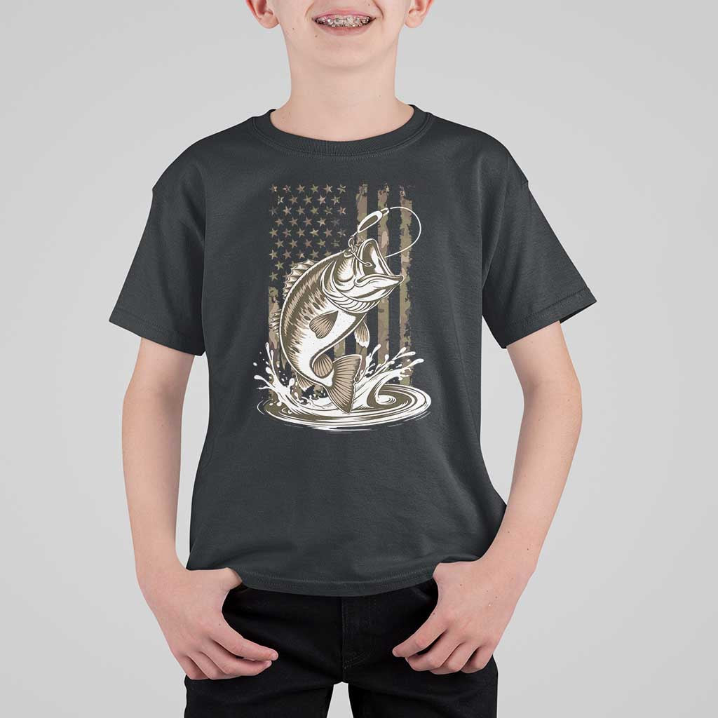 Fishing Camo T Shirt For Kid Bass Fish American Flag Boy Men Fisherman Gift