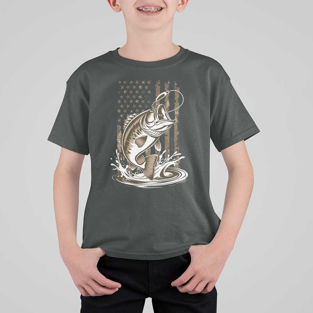 Fishing Camo T Shirt For Kid Bass Fish American Flag Boy Men Fisherman Gift
