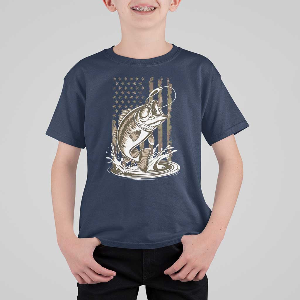 Fishing Camo T Shirt For Kid Bass Fish American Flag Boy Men Fisherman Gift