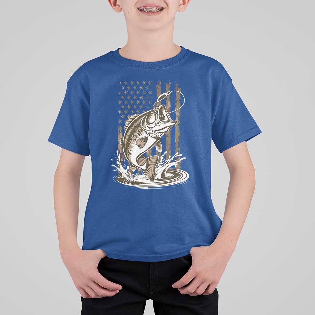 Fishing Camo T Shirt For Kid Bass Fish American Flag Boy Men Fisherman Gift