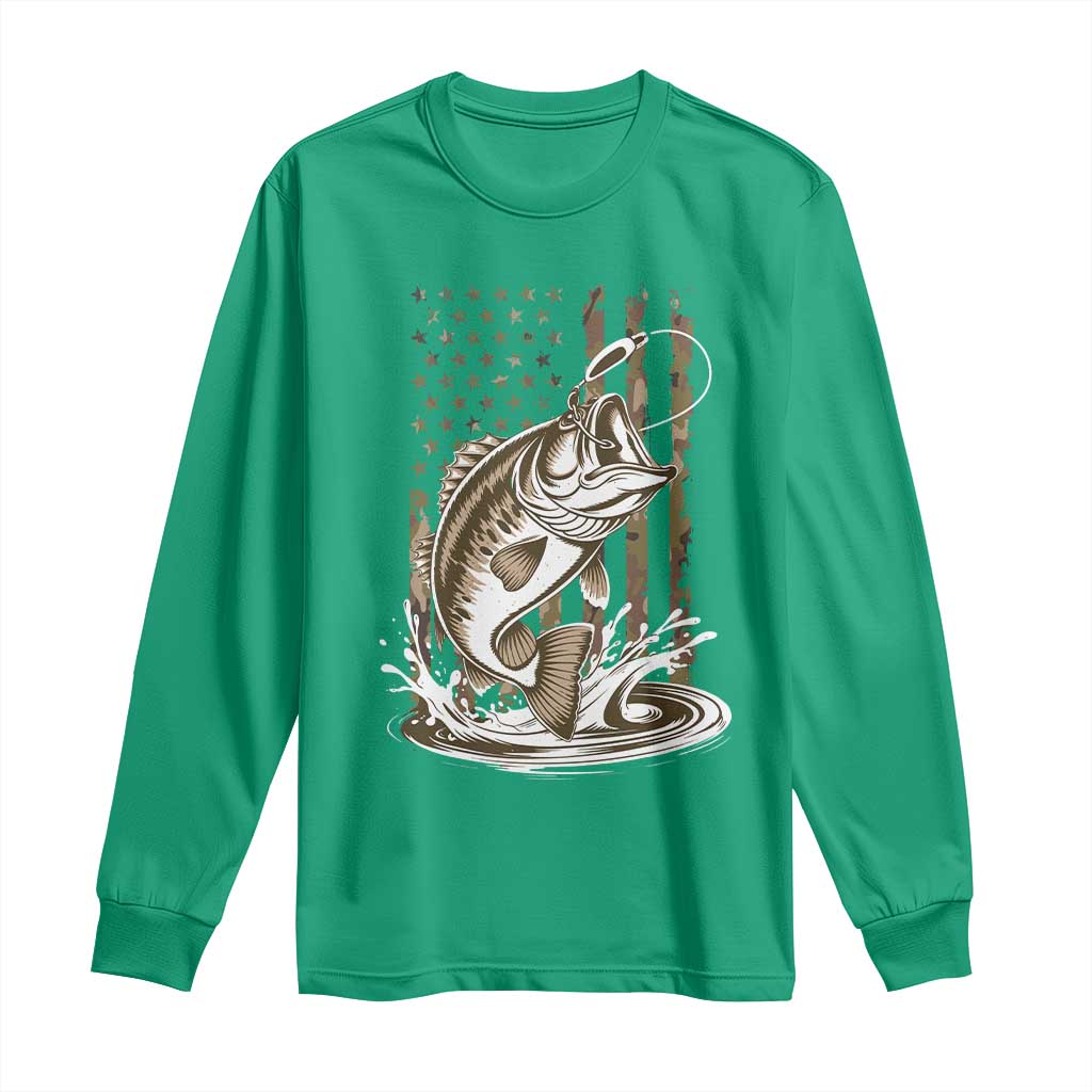 Fishing Camo Long Sleeve Shirt Bass Fish American Flag Boy Men Fisherman Gift