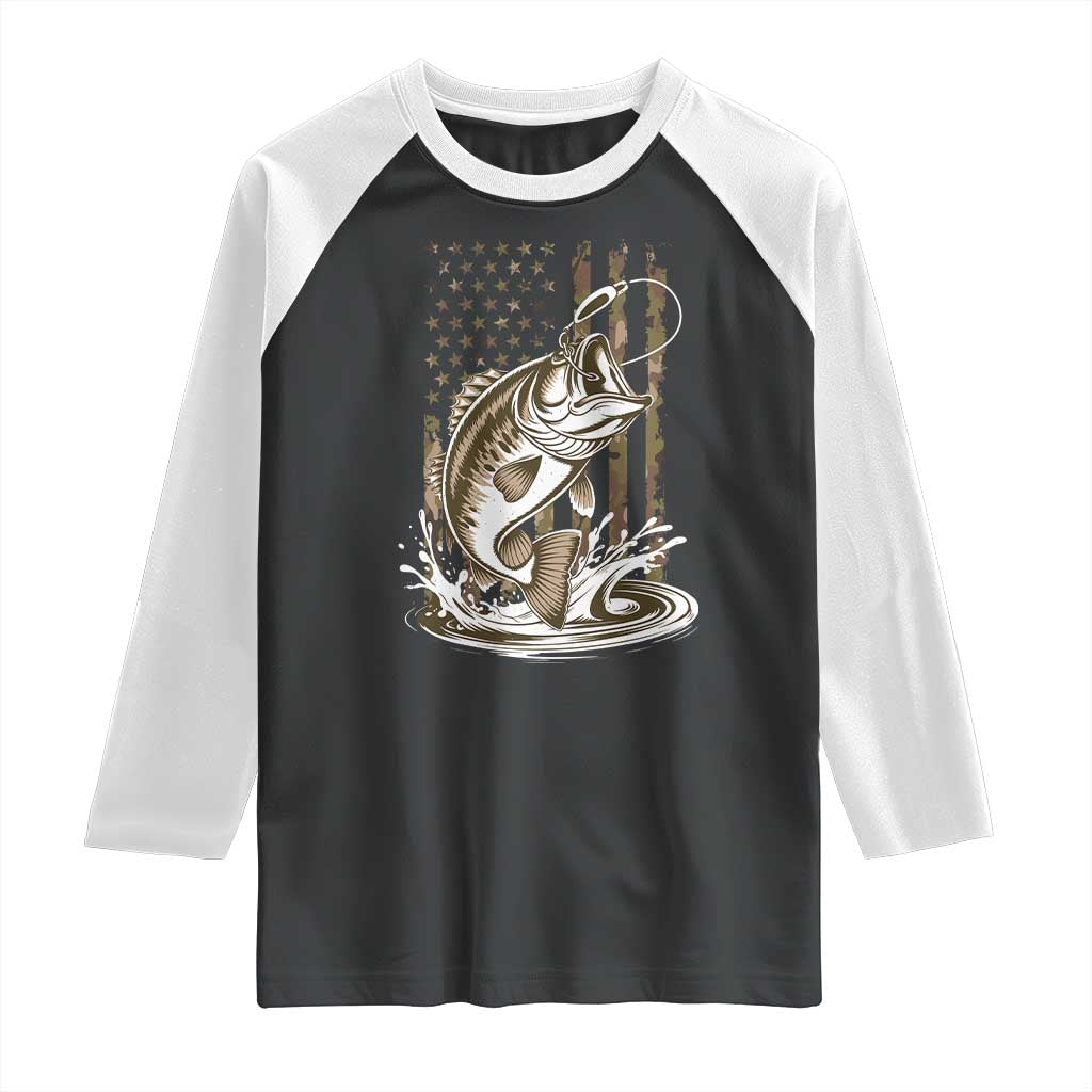 Fishing Camo Raglan Shirt Bass Fish American Flag Boy Men Fisherman Gift